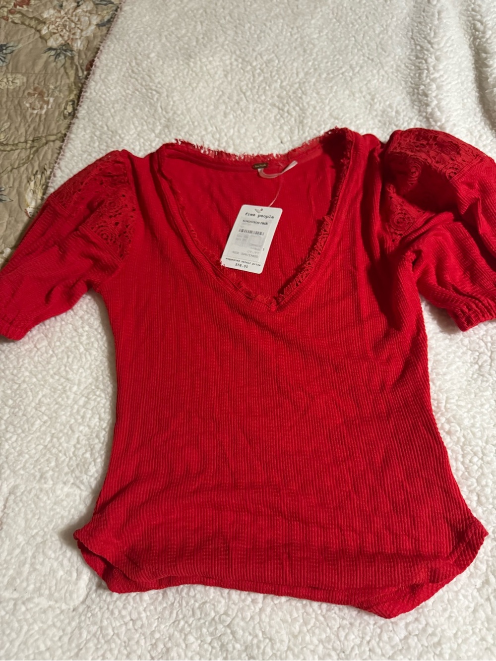 Free People Red Ribbed V-Neck Top with Lace Sleeves